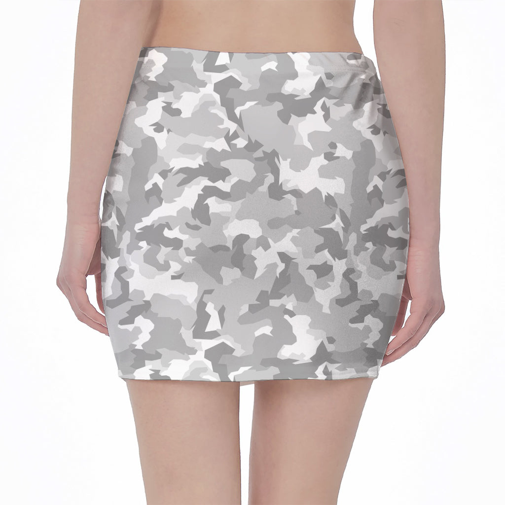 White Snow Camouflage Print Pencil Mini Skirt