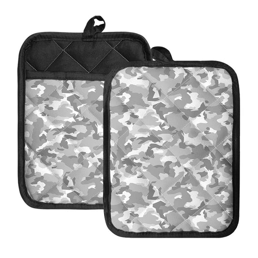 White Snow Camouflage Print Pot Holders With Pocket