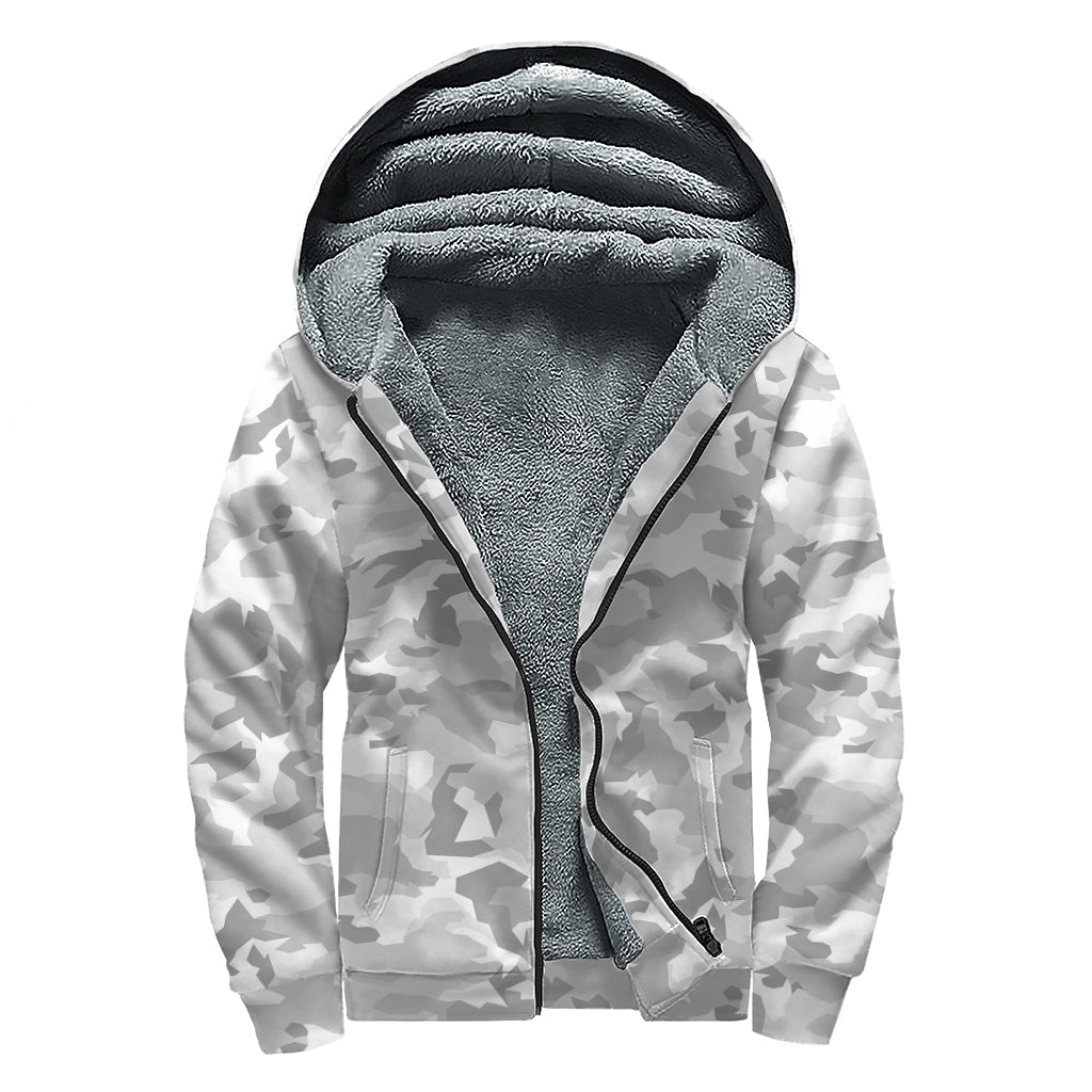 White Snow Camouflage Print Sherpa Lined Zip Up Hoodie