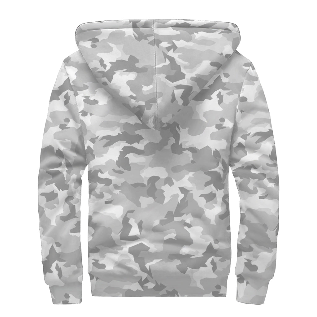 White Snow Camouflage Print Sherpa Lined Zip Up Hoodie