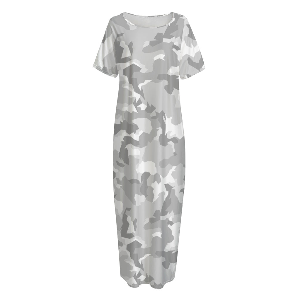 White Snow Camouflage Print Short Sleeve Long Nightdress