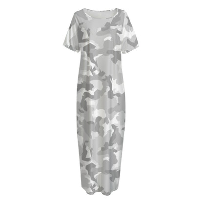 White Snow Camouflage Print Short Sleeve Long Nightdress