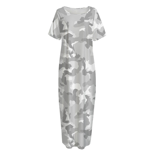 White Snow Camouflage Print Short Sleeve Long Nightdress