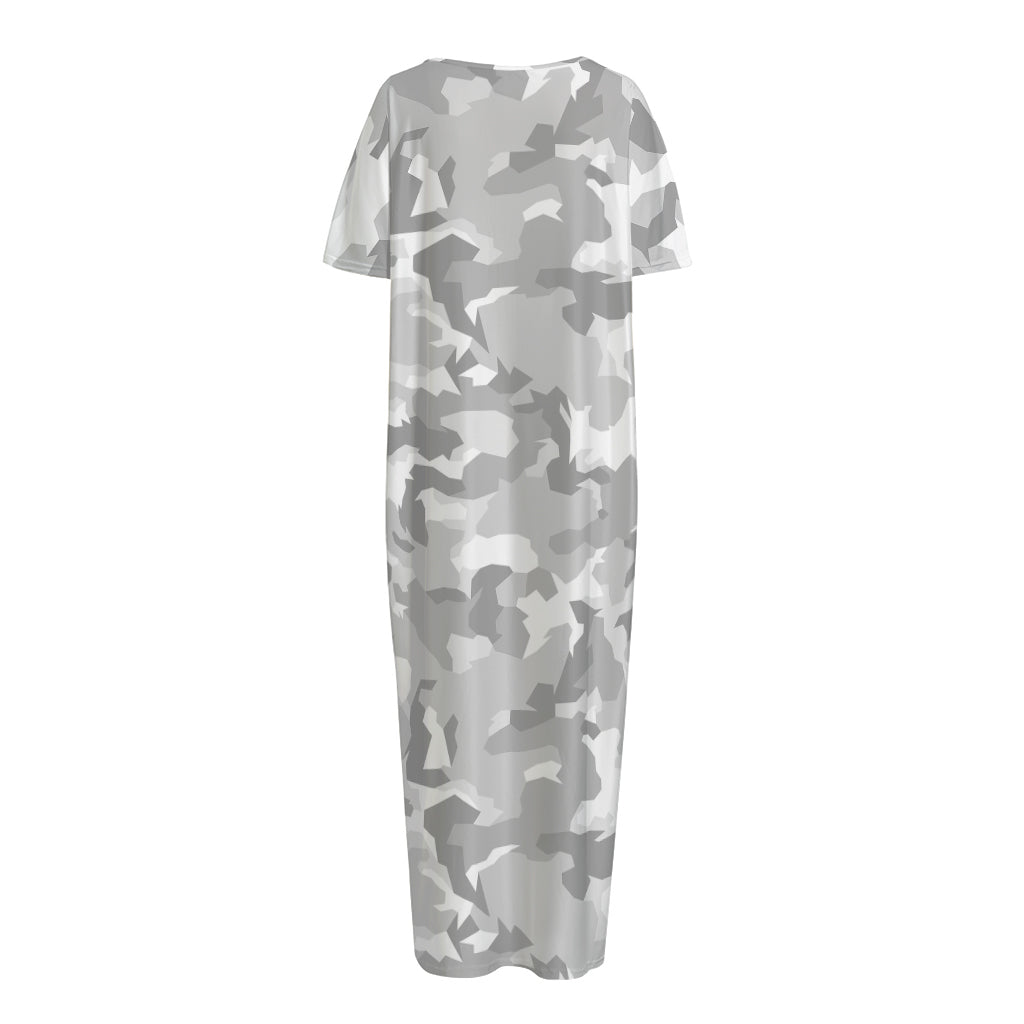 White Snow Camouflage Print Short Sleeve Long Nightdress