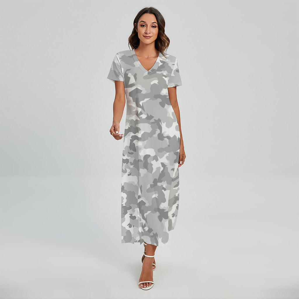 White Snow Camouflage Print Short Sleeve Maxi Dress