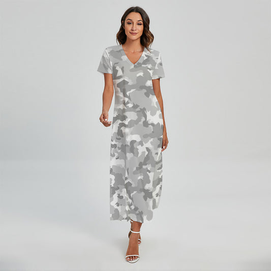White Snow Camouflage Print Short Sleeve Maxi Dress
