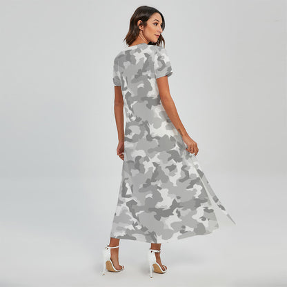 White Snow Camouflage Print Short Sleeve Maxi Dress