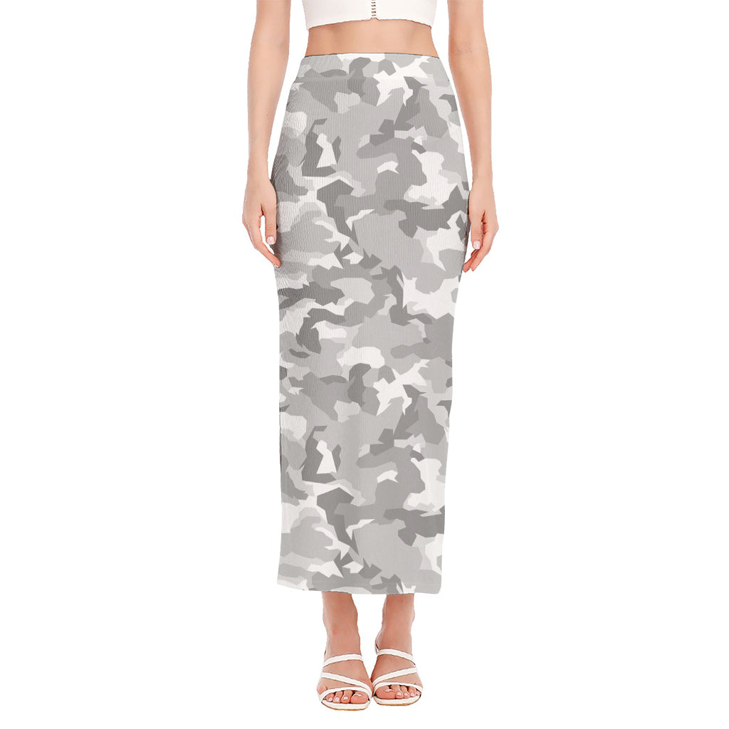 White Snow Camouflage Print Side Slit Maxi Skirt