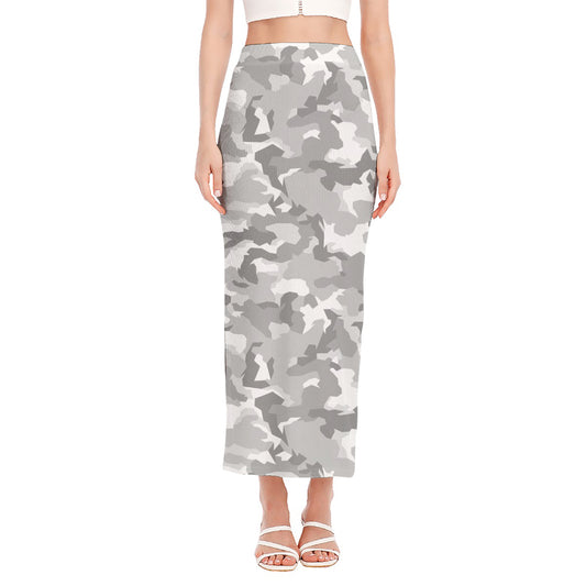 White Snow Camouflage Print Side Slit Maxi Skirt