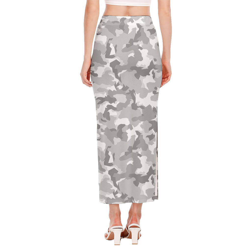 White Snow Camouflage Print Side Slit Maxi Skirt