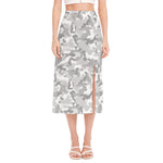 White Snow Camouflage Print Side Slit Midi Skirt