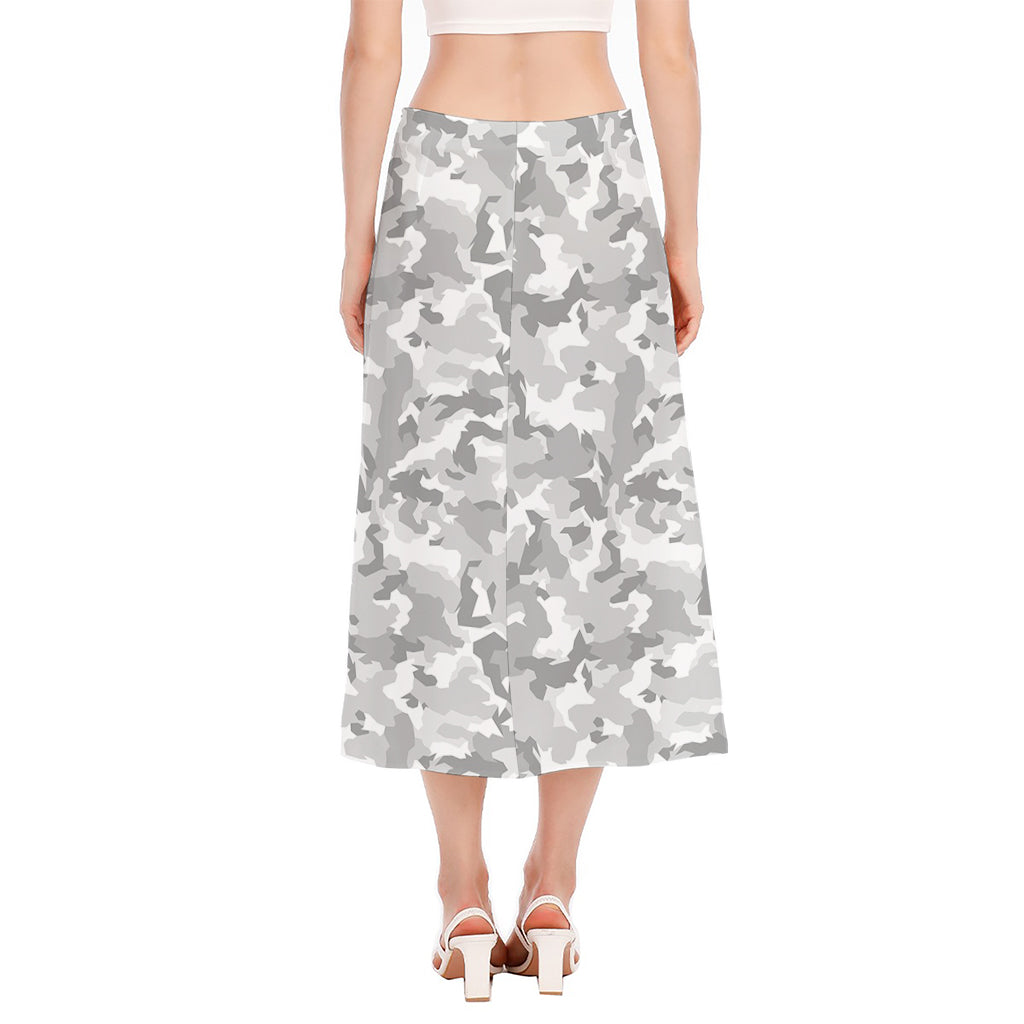 White Snow Camouflage Print Side Slit Midi Skirt