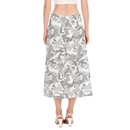 White Snow Camouflage Print Side Slit Midi Skirt
