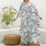 White Snow Camouflage Print Silk V-Neck Kaftan Dress