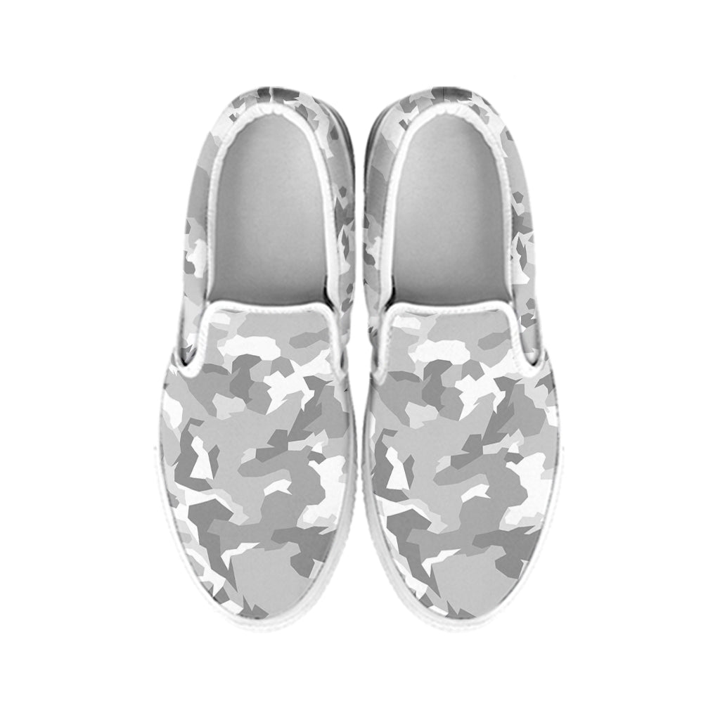 White Snow Camouflage Print White Slip On Sneakers