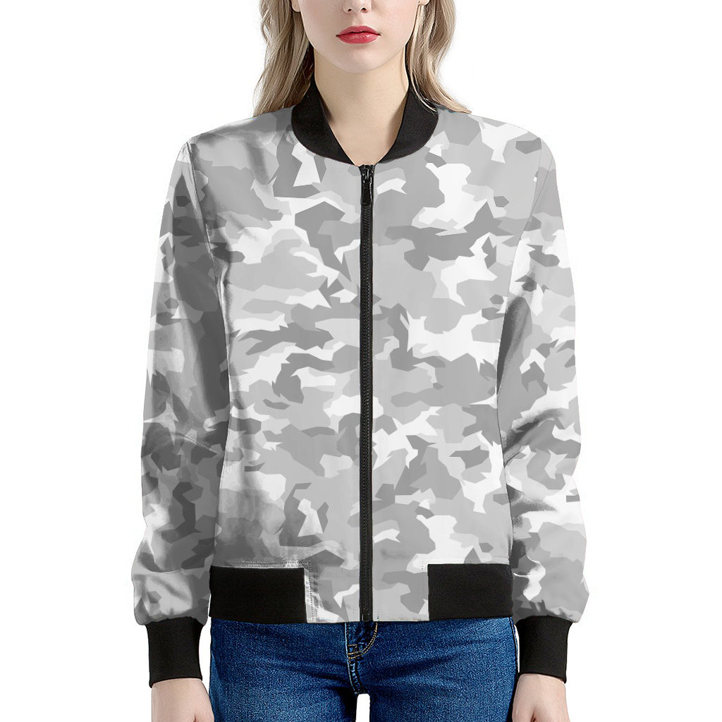 White Snow Camouflage Print Women's Bomber Jacket