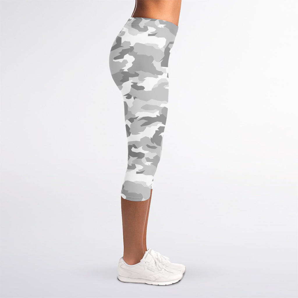White Snow Camouflage Print Women's Capri Leggings