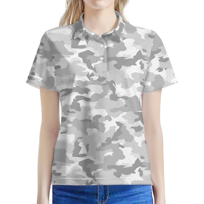 White Snow Camouflage Print Women's Polo Shirt