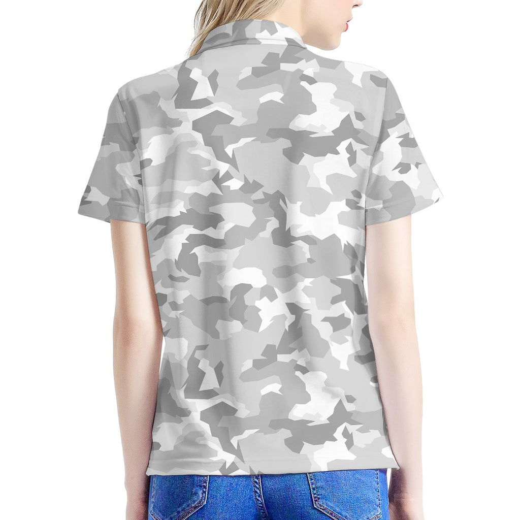 White Snow Camouflage Print Women's Polo Shirt