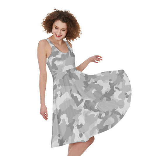 White Snow Camouflage Print Women's Sleeveless Dress