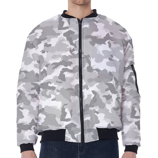 White Snow Camouflage Print Zip Sleeve Bomber Jacket
