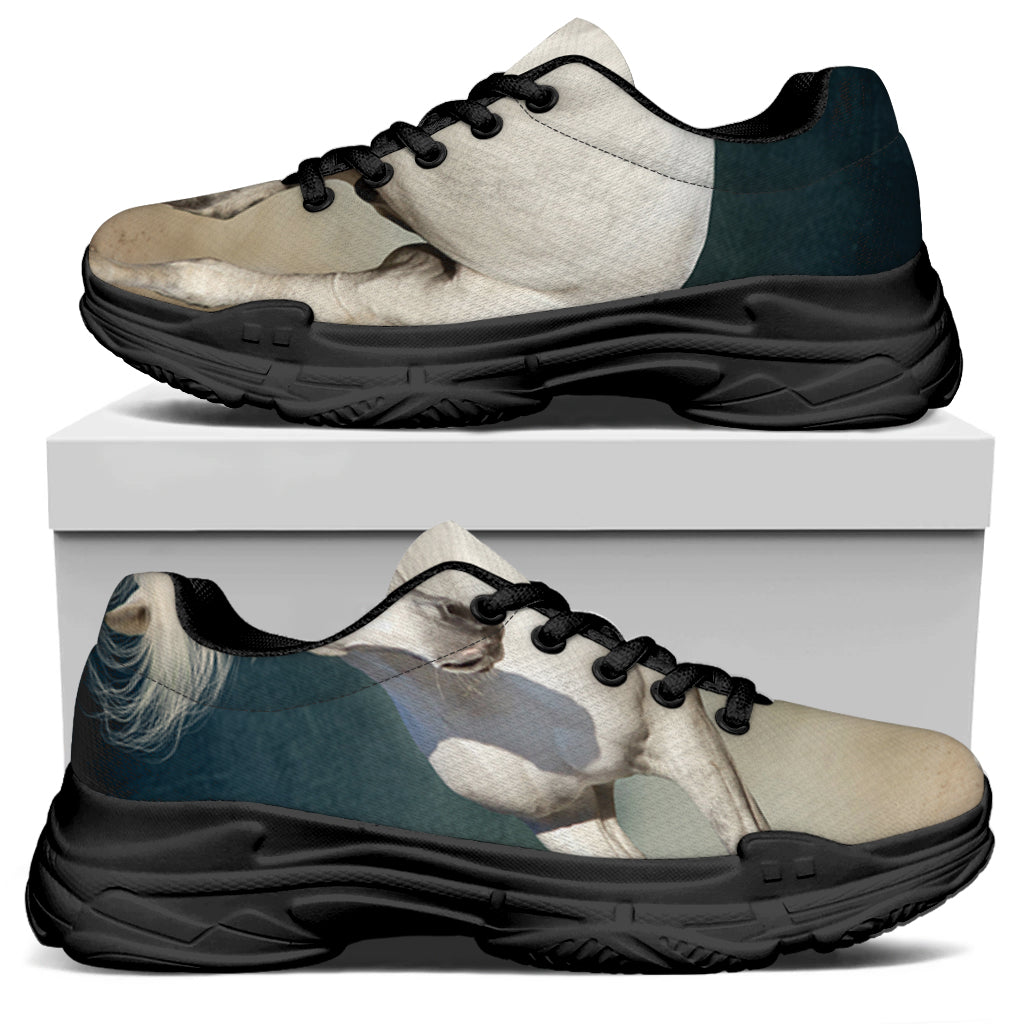 White Stallion Horse Print Black Chunky Shoes