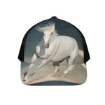 White Stallion Horse Print Black Mesh Trucker Cap