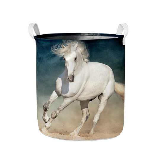 White Stallion Horse Print Collapsible Laundry Basket