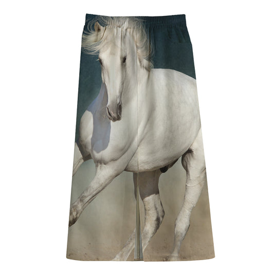 White Stallion Horse Print Cotton Front Slit Maxi Skirt