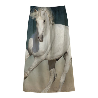 White Stallion Horse Print Cotton Front Slit Maxi Skirt