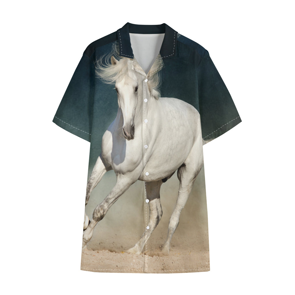 White Stallion Horse Print Cotton Hawaiian Shirt