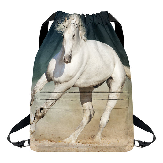 White Stallion Horse Print Drawstring Backpack