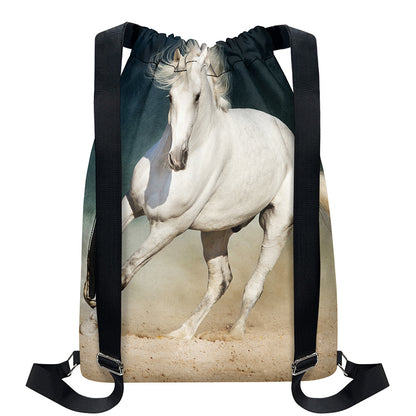 White Stallion Horse Print Drawstring Backpack