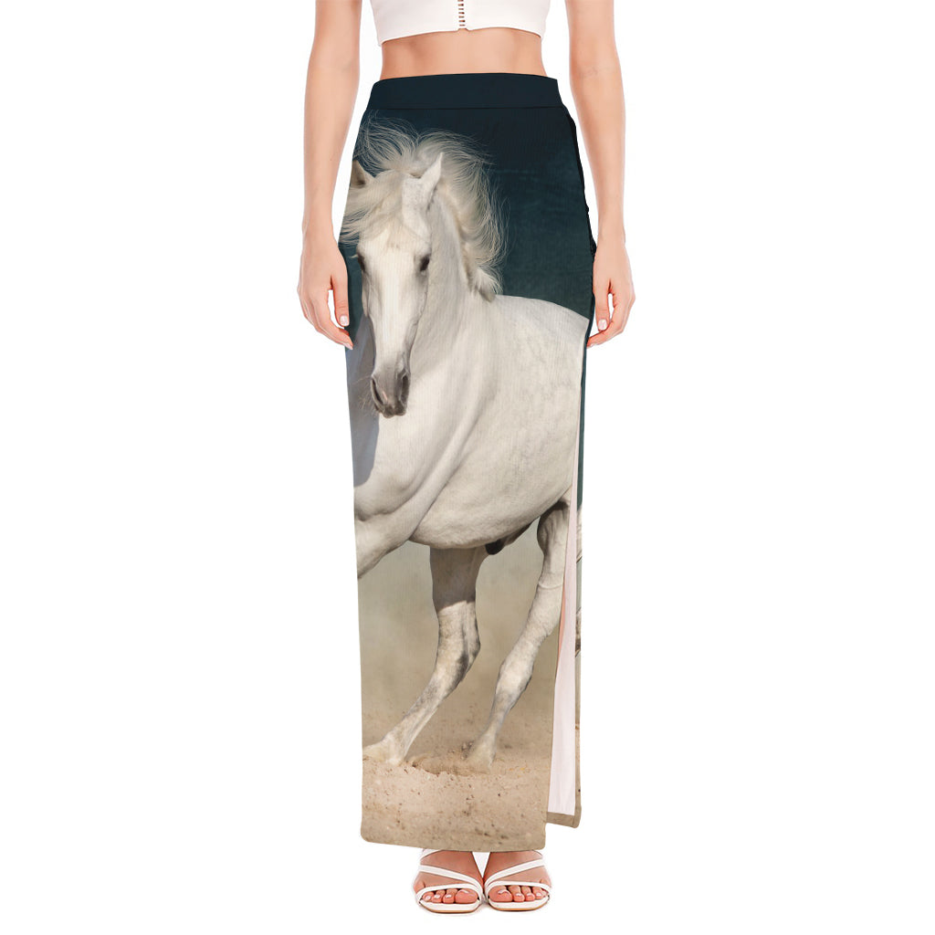White Stallion Horse Print High Slit Maxi Skirt