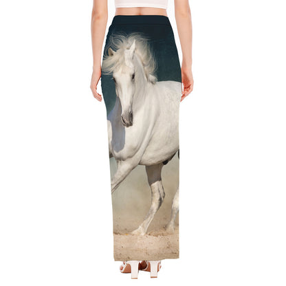 White Stallion Horse Print High Slit Maxi Skirt