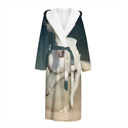White Stallion Horse Print Hooded Bathrobe