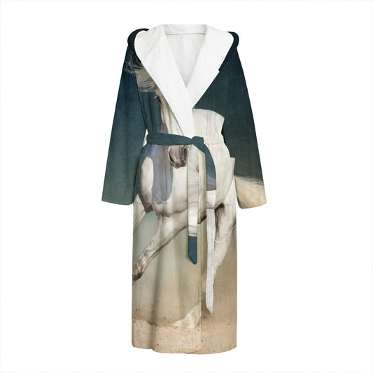 White Stallion Horse Print Hooded Bathrobe