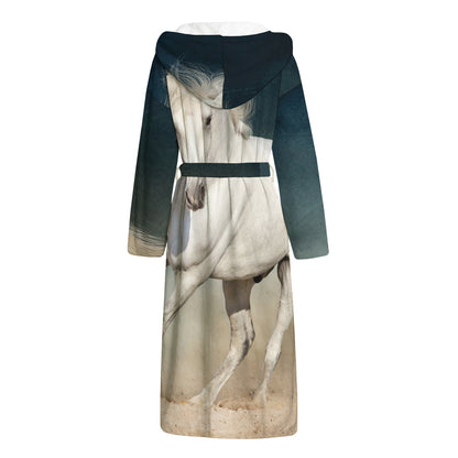 White Stallion Horse Print Hooded Bathrobe