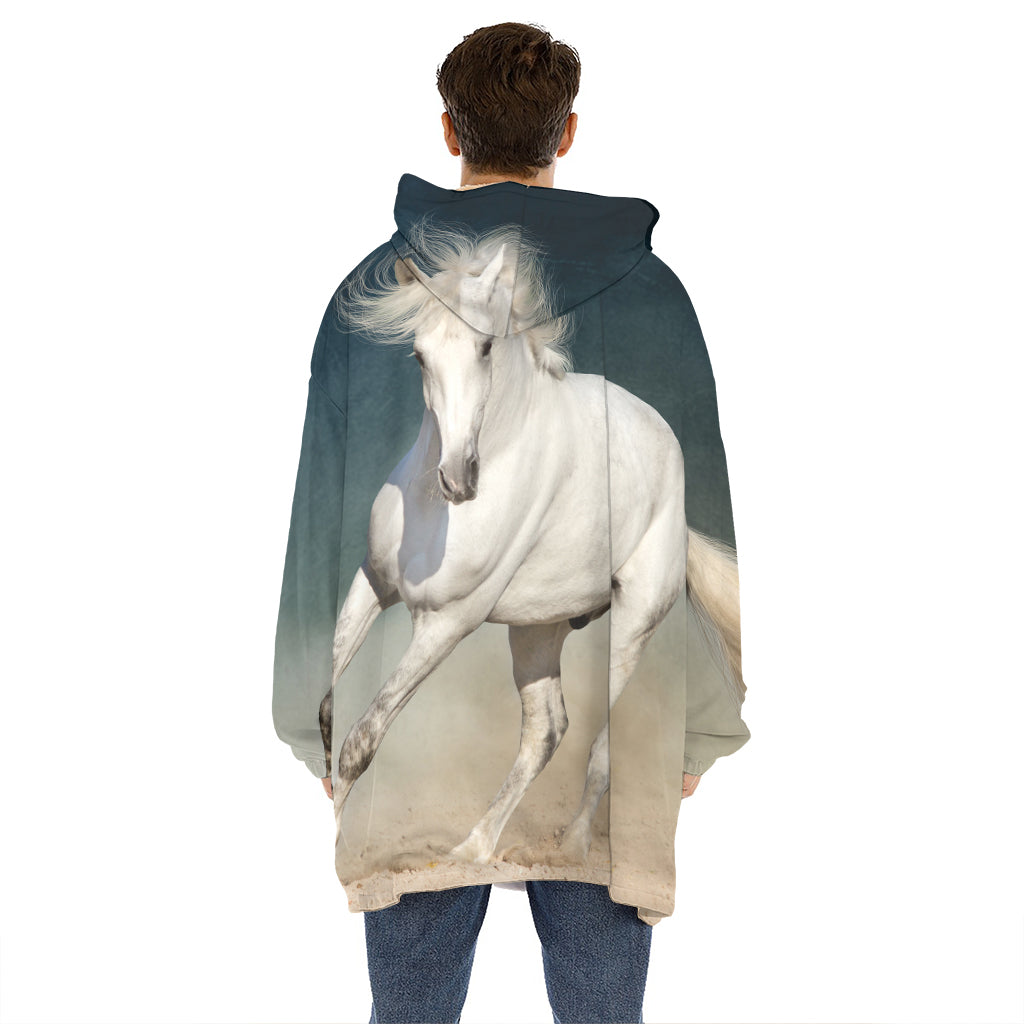 White Stallion Horse Print Hoodie Blanket