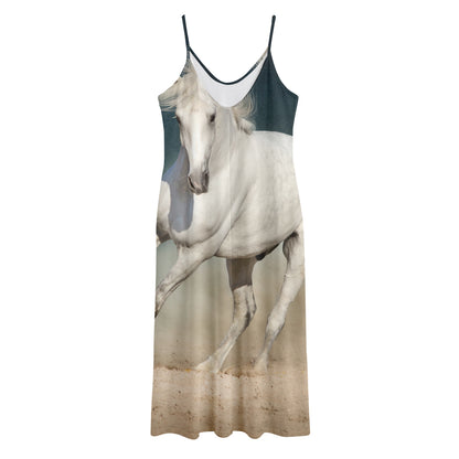 White Stallion Horse Print Jersey Midi Cami Dress
