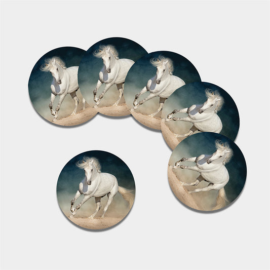 White Stallion Horse Print Leather Coaster Set