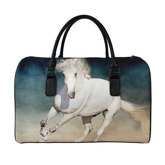 White Stallion Horse Print Leather Duffle Bag