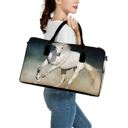 White Stallion Horse Print Leather Duffle Bag