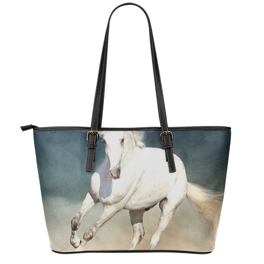 White Stallion Horse Print Leather Tote Bag