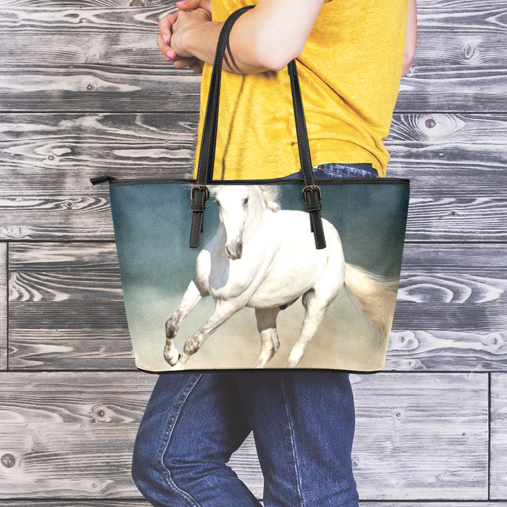 White Stallion Horse Print Leather Tote Bag