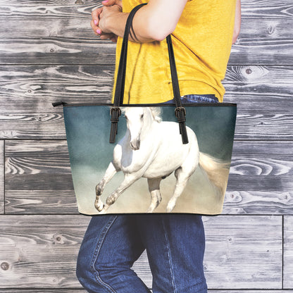 White Stallion Horse Print Leather Tote Bag
