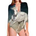 White Stallion Horse Print Long Sleeve Swimsuit