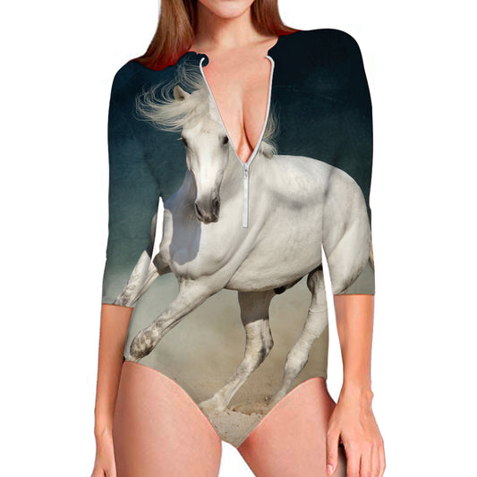 White Stallion Horse Print Long Sleeve Swimsuit