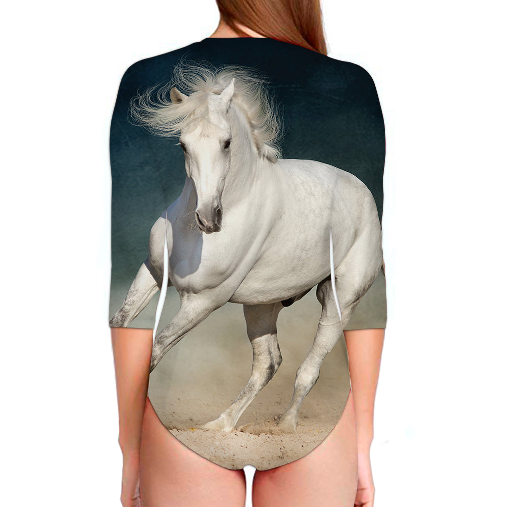 White Stallion Horse Print Long Sleeve Swimsuit