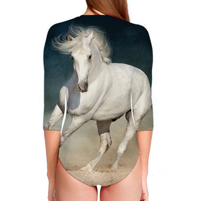 White Stallion Horse Print Long Sleeve Swimsuit